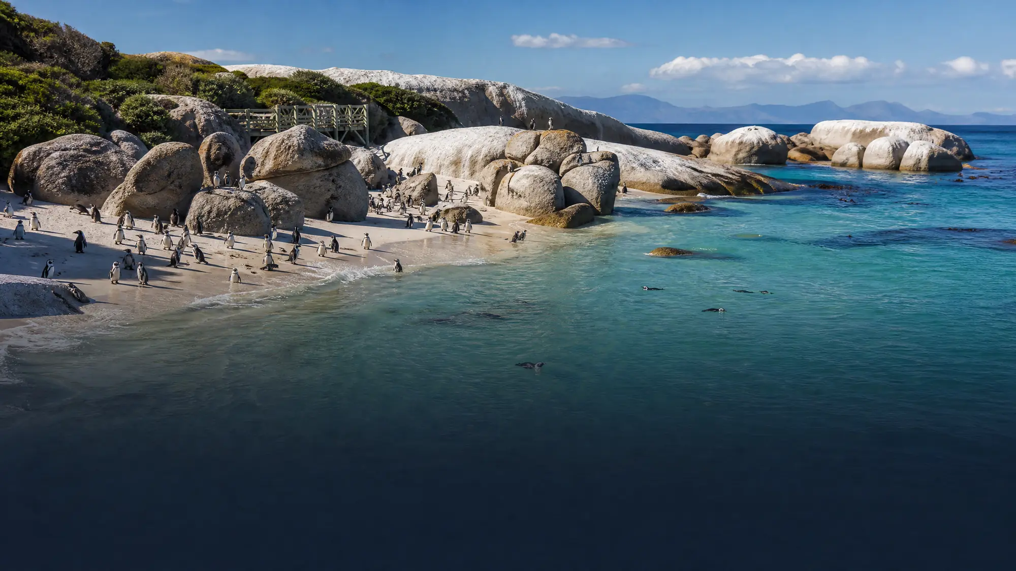 Der Boulders Beach ist eine geschützte Küstenbucht, die weltweit für ihre frei lebende Kolonie gefährdeter Afrikanischer Pinguine bekannt ist.