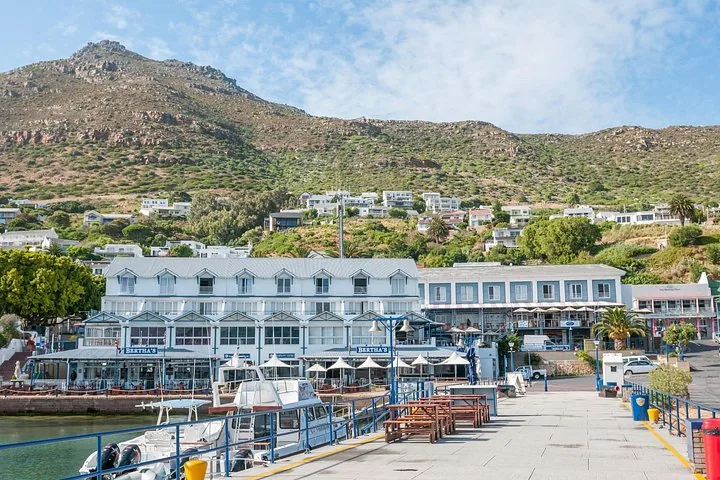 A harbor view with a pier, boats, and a white multi-story building against a hill.